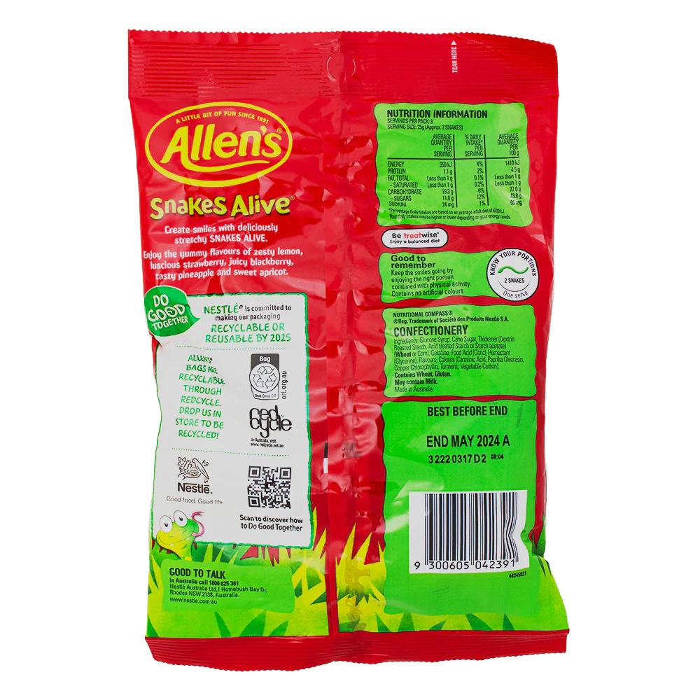 Allen's Snakes Alive Gummy Candy (Australia) - 200g - Image 2