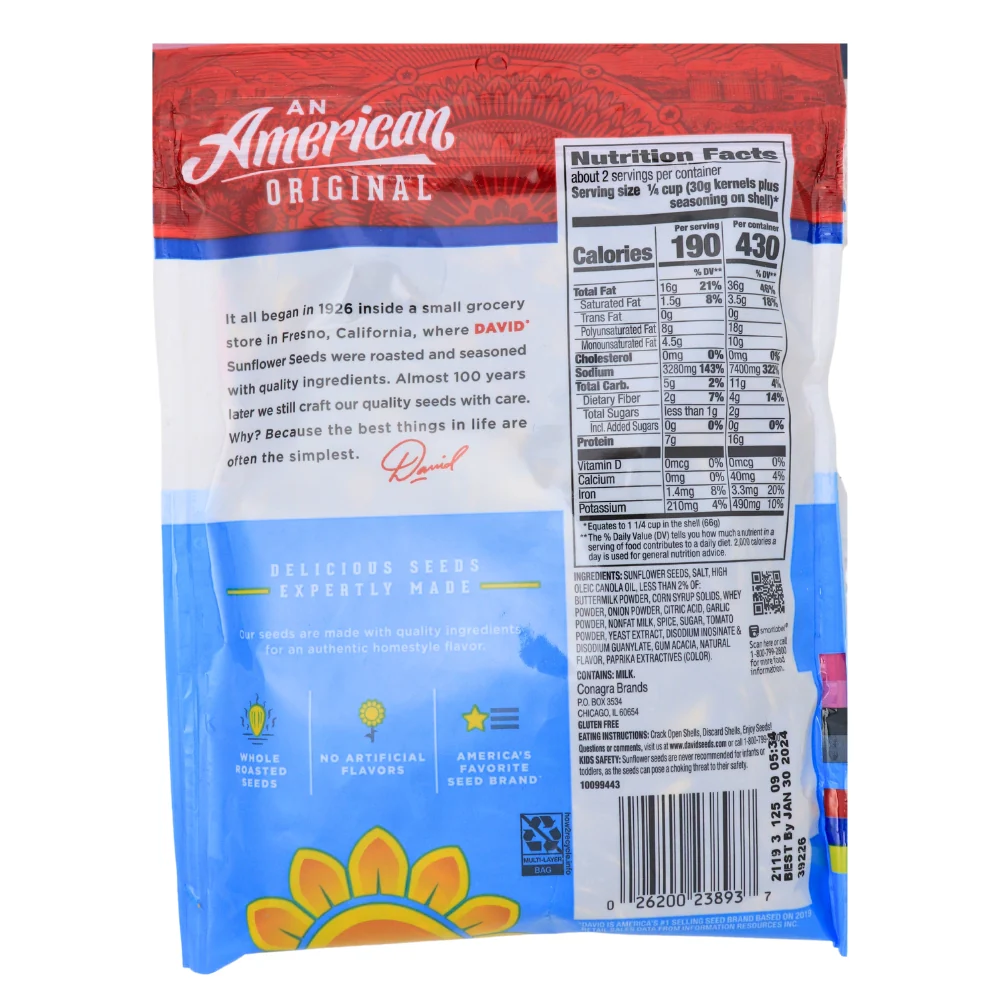 DAVID Buffalo Style Ranch Jumbo Sunflower Seeds - 5.25 oz - Image 2