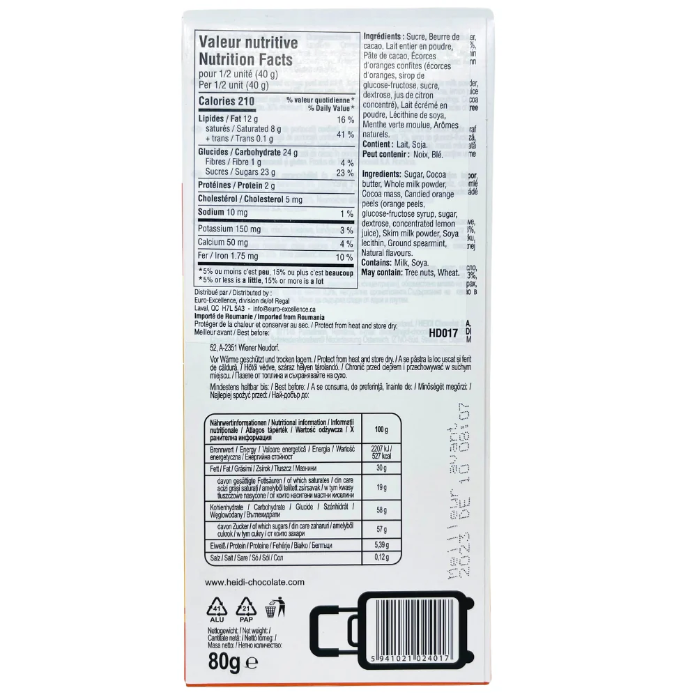 Heidi Milk Chocolate with Orange and Mint - 80g - Image 2
