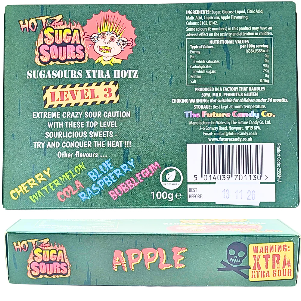 Hotz Suga Sours Apple Hard Candy Theatre Box - 100g - Image 2