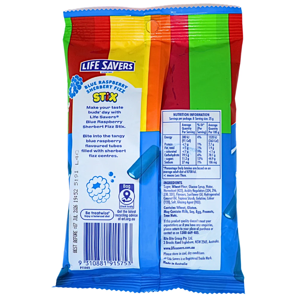 Lifesavers Blue Raspberry Sherbert Fizz Stix (Aus) - 200g - Image 2