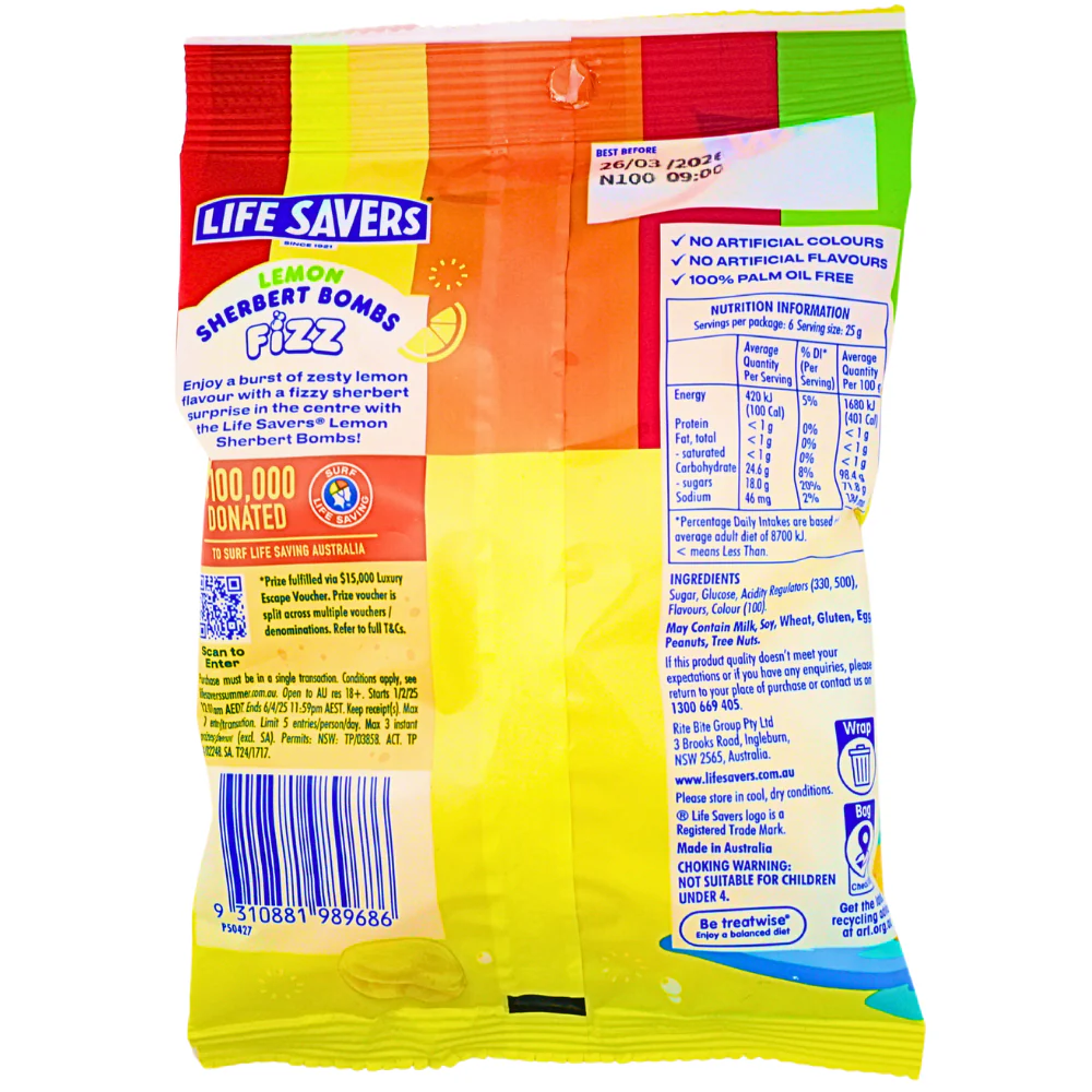Lifesavers Lemon Sherbert Bombs Fizz (Aus) - 150g - Image 2