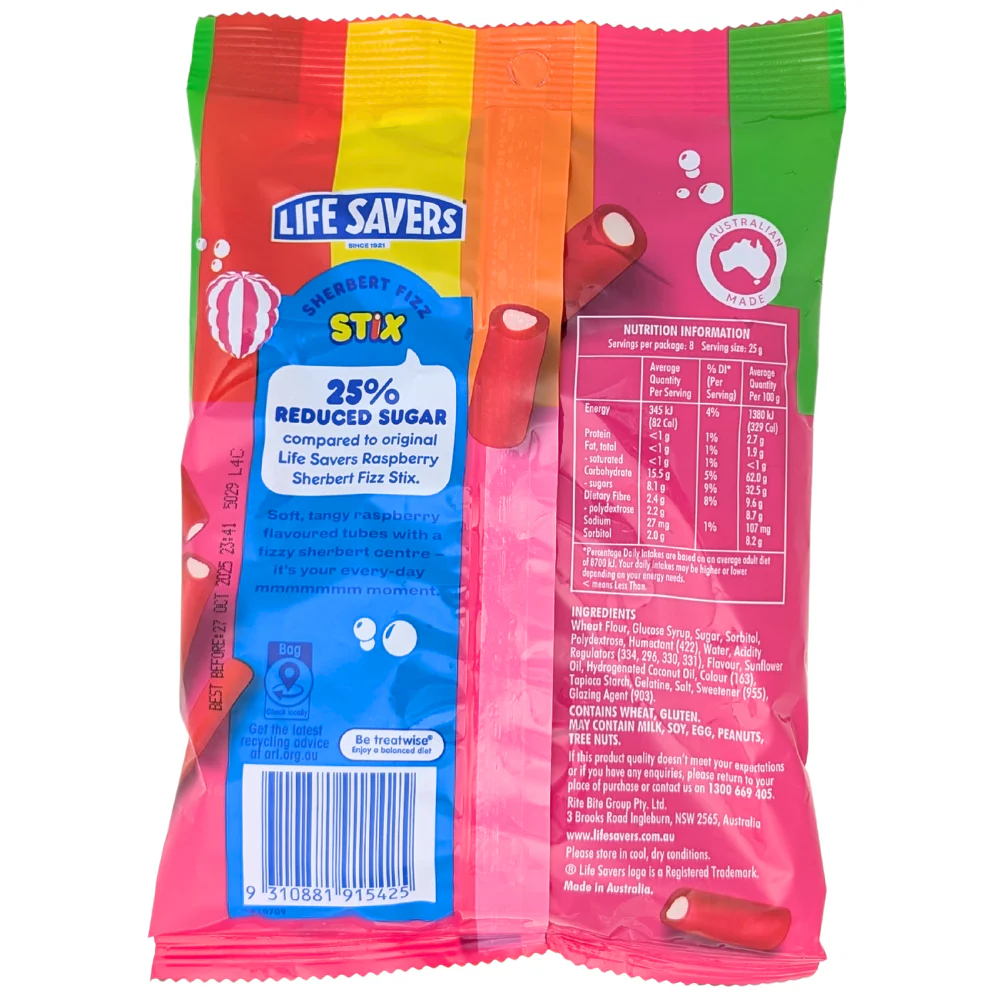 Lifesavers Raspberry Sherbert Fizz Stix (Australia) - 200g - Image 2