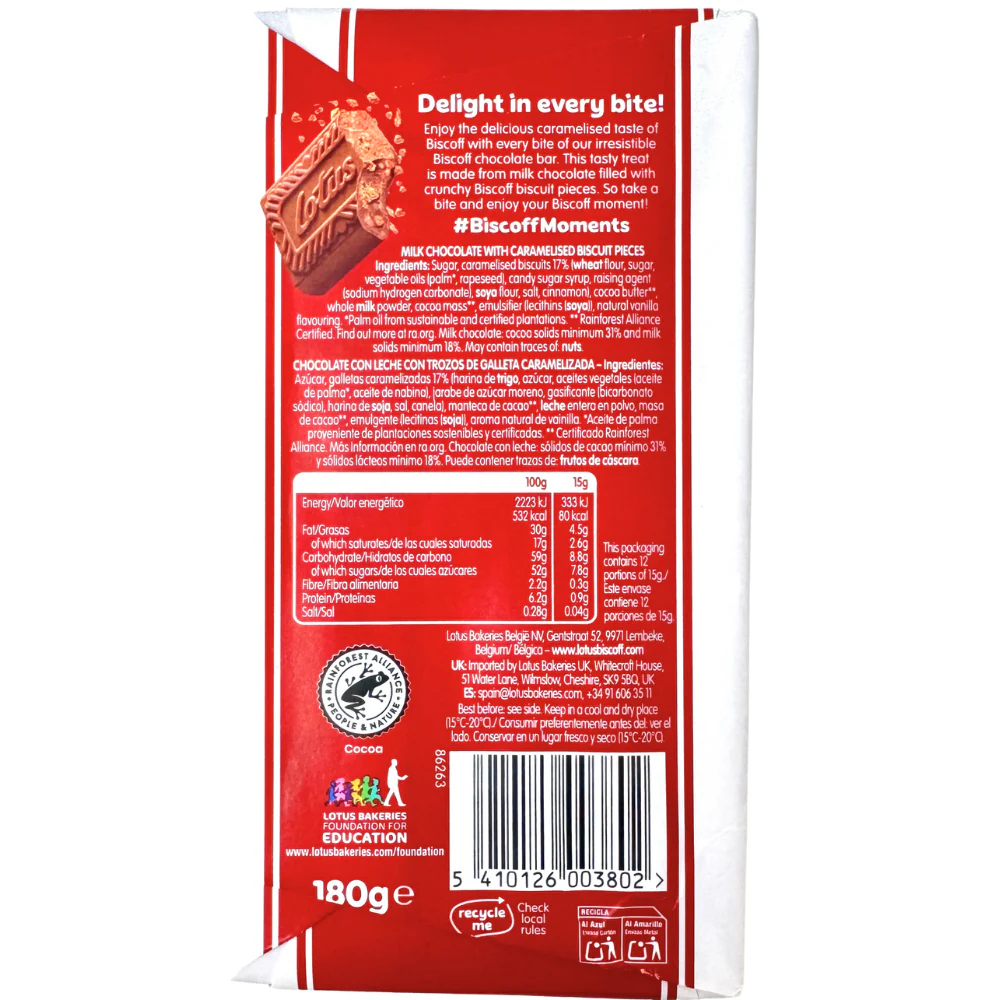 Lotus Biscoff Milk Chocolate Bar (UK) - 180g - Image 2