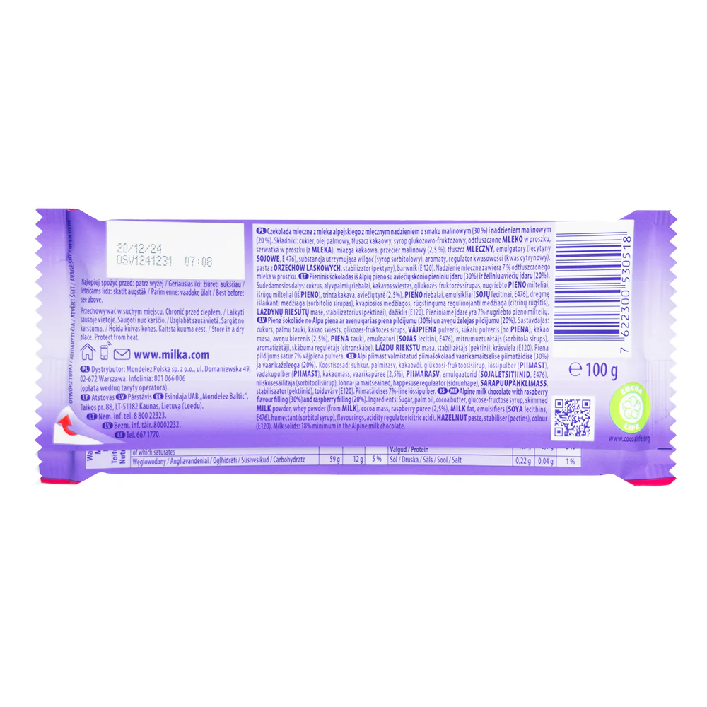 Milka Raspberry Creme Chocolate Bar - 100g - Image 2