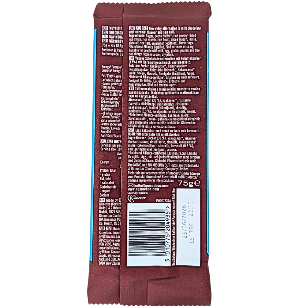 NOMO Vegan Caramel & Sea Salt Chocolate Bar (UK) - 75g - Image 2
