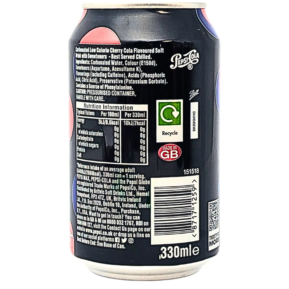 Pepsi MAX Cherry No Sugar (UK) - 330mL - Image 2