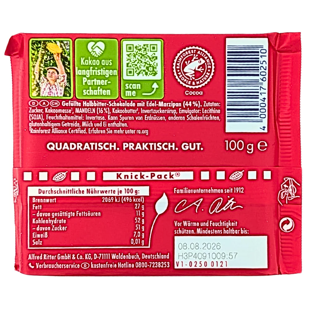 Ritter Sport Dark Chocolate with Marzipan *BB Aug 08 2026* - Image 3