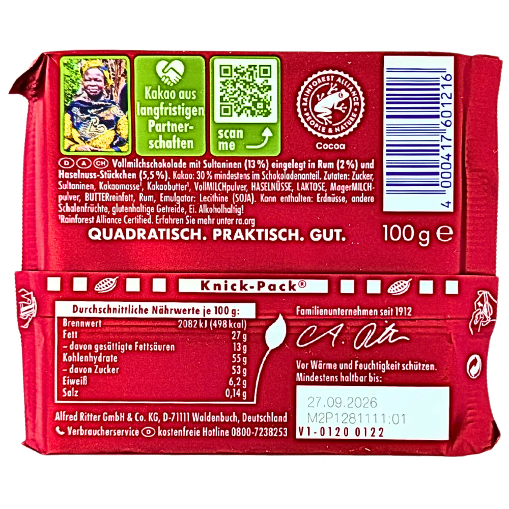 Ritter Sport Milk Chocolate Rum Raisin & Hazelnut - 100g - Image 2