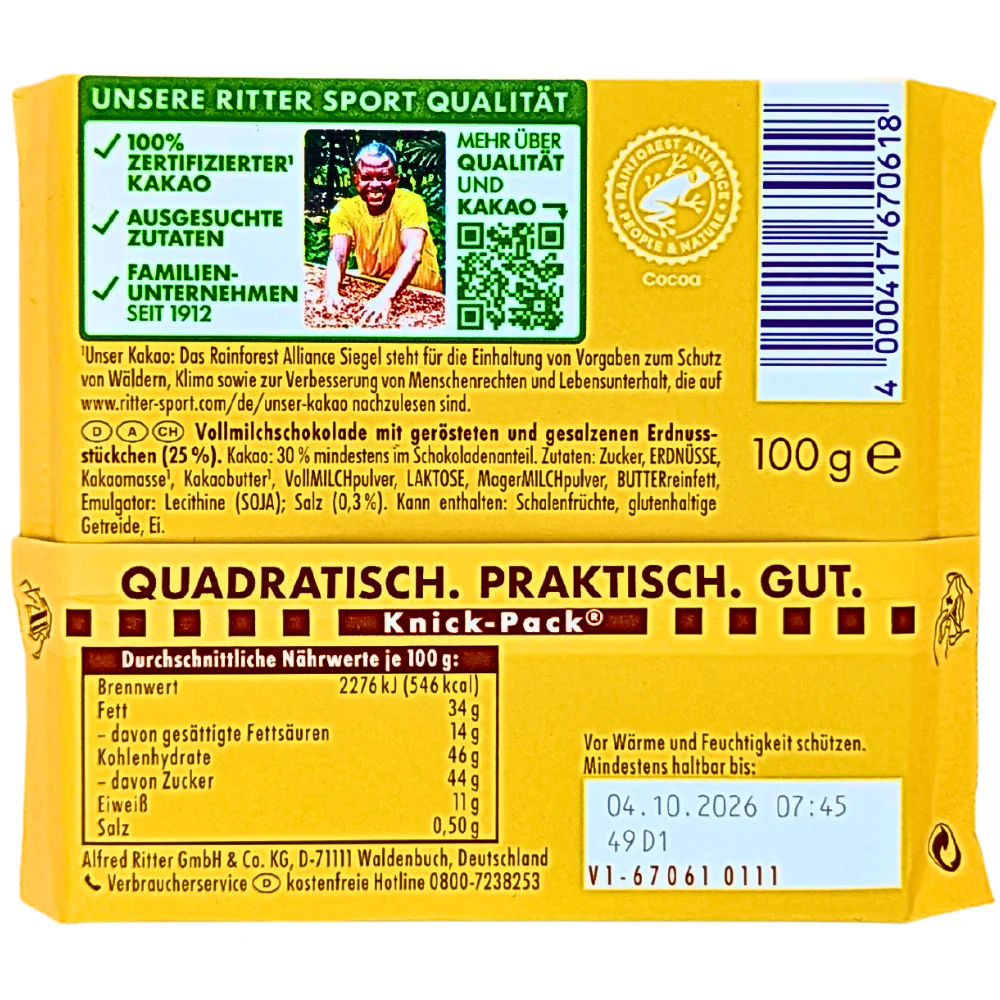 Ritter Sport Milk Chocolate with Roasted Peanut (Germany) - 100g - Image 2