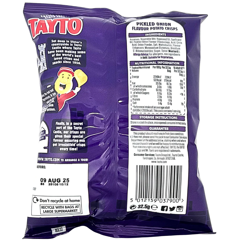 Tayto Pickled Onion Chips (UK) - 32.5g - Image 2