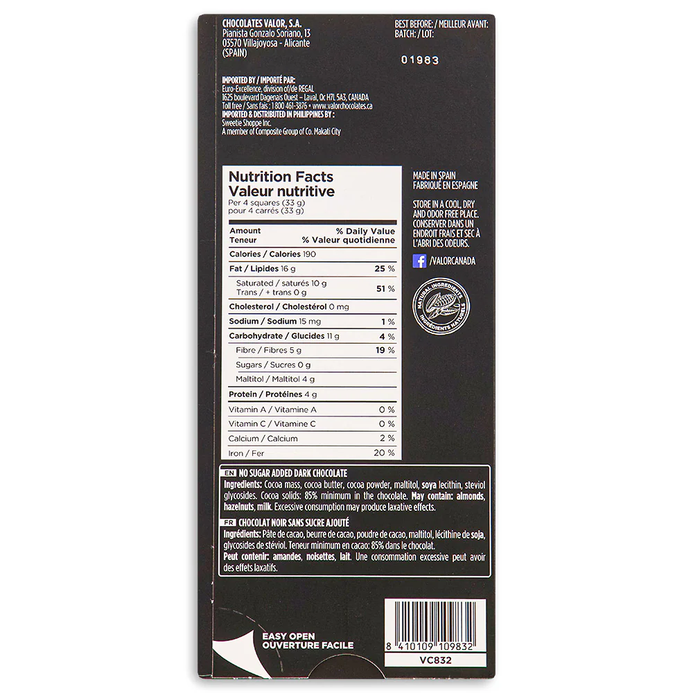 Valor 85% Dark Chocolate Sugar Free-100 g - Image 2