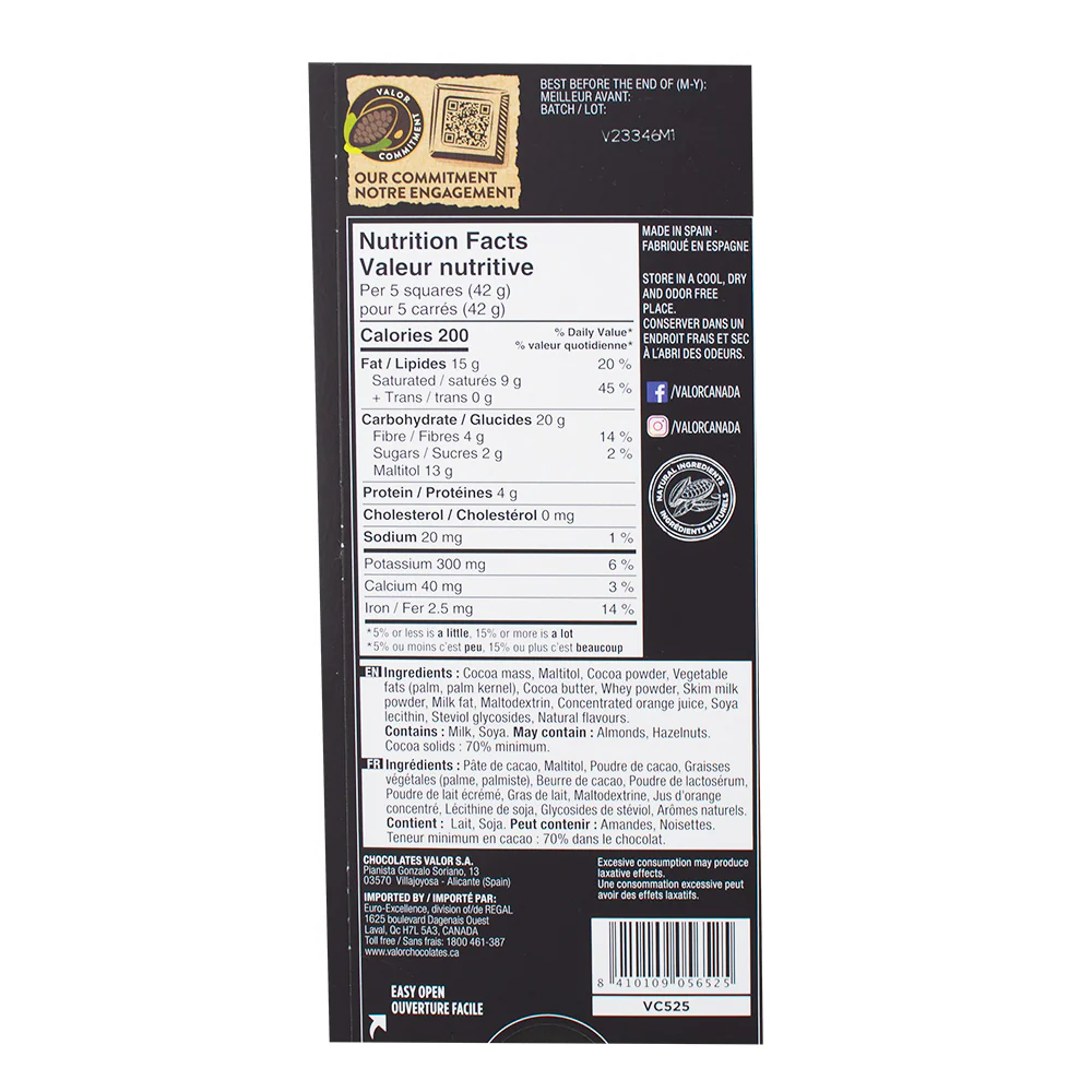 Valor Creamy Dark Chocolate Orange Cream No Sugar Added -100 g - Image 2
