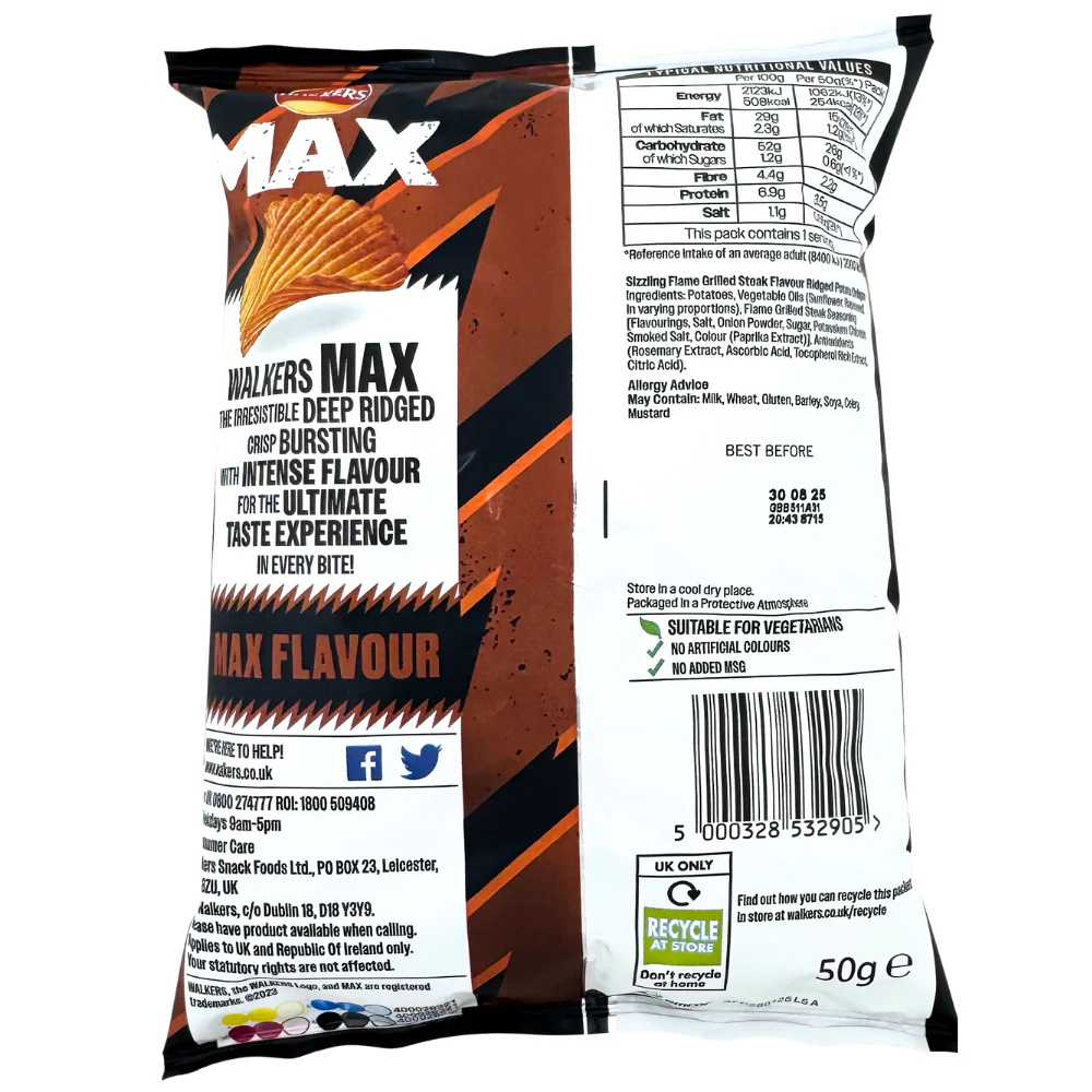 Walkers Max Flame Grilled Steak Chips (UK) - 50g - Image 2
