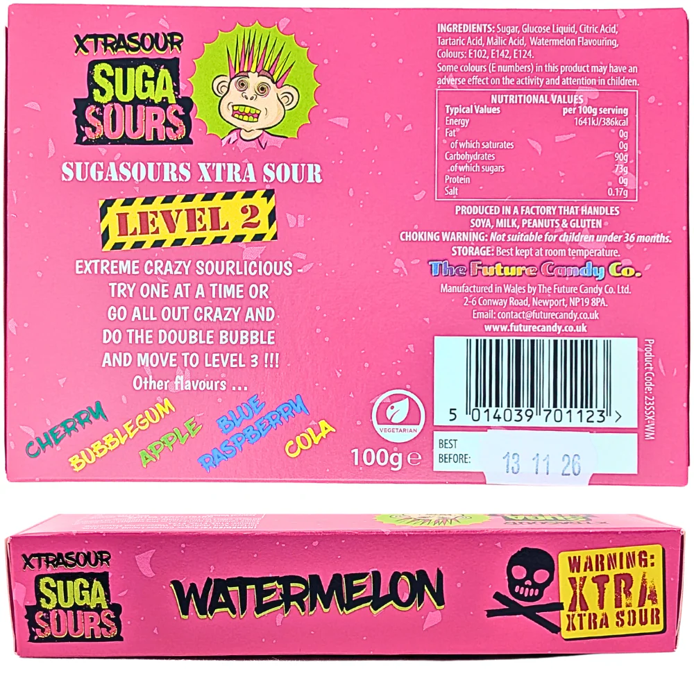 Xtrasour Suga Sours Watermelon Hard Candy Theatre Box - 100g - Image 2